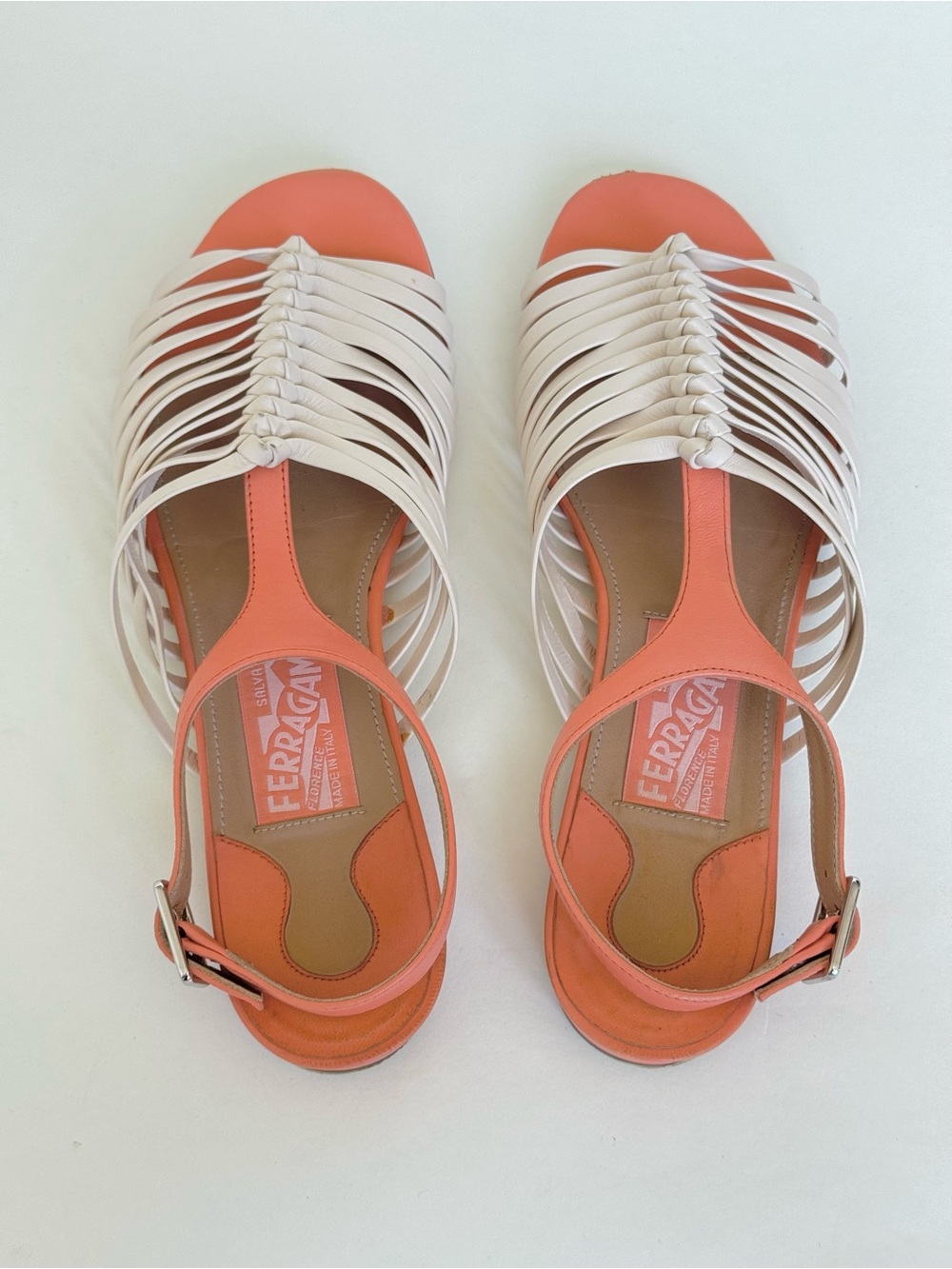Salvatore Ferragamo Coral and Cream Woven Leather Slingback Sandals - Size 7 - Picture 3 of 9